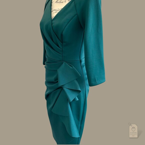 XSCAPE Emerald Green Draped Ruffle Sheath Dress Women’s Size 6 Made in USA - Picture 5 of 7